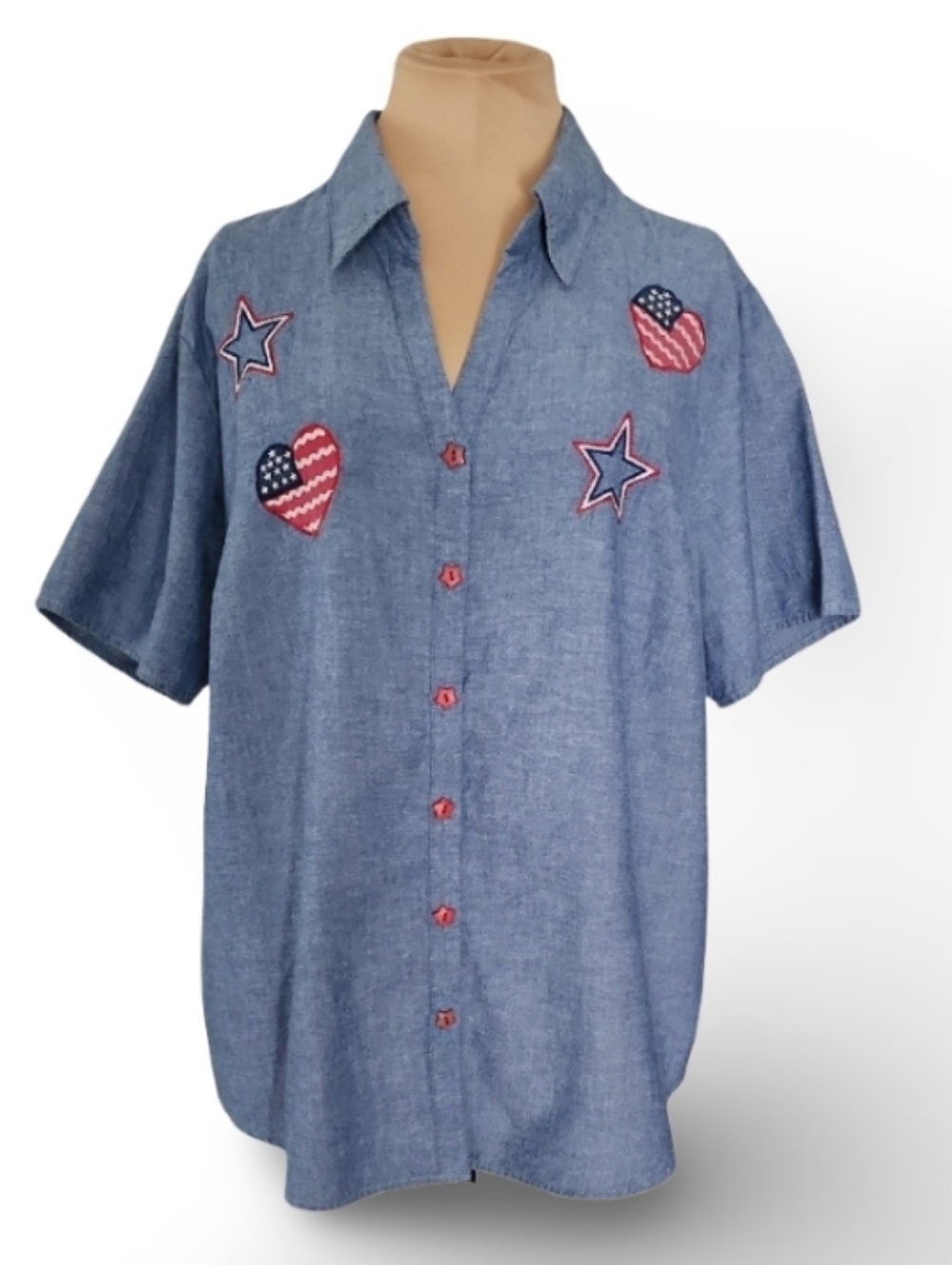 Y2K Ms Lee Patriotic Chambray Shirt Star Buttons USA Hearts XL